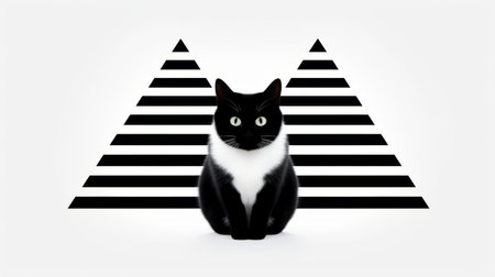 a vector illustration of a black cat on a white background, isolated and in the style of stripes and shapes. this illusory wallpaper portrait captures the essence of a national geographic photo, creating an illusion of three-dimensionality. the iconic album covers and digitally enhanced elements add a touch of mingei to this captivating image. ai generatedの素材