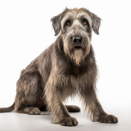 a small brown shaggy dog poses on a white background in this photographically detailed portrait. the dog's fur is light indigo and gray, with hints of dark silver and gray. the image is captured using a tokina at-x 11-16mm f/2.8 pro dx ii lens, showcasing smooth and curved lines. the overall composition has a touch of celtic art influence. ai generatedの素材