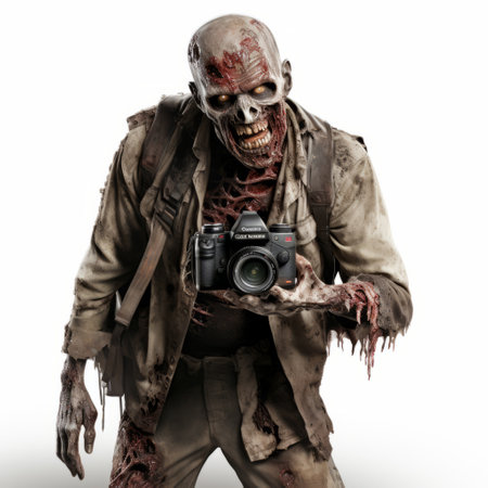 a zombie holding a camera above his head, captured in a meticulously staged image with 8k resolution. the detailed costumes and bone-chilling atmosphere add to the authenticity of this yankeecore-inspired photograph. utilizing photo-realistic techniques, this haunting image is a testament to the artistry and attention to detail that went into its creation. ai generatedの素材