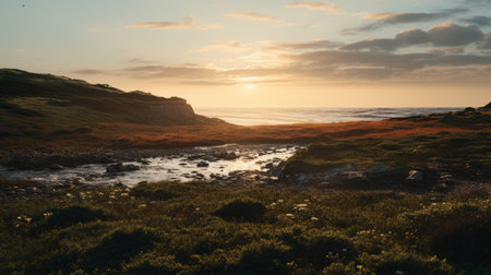 a stunning photo of a river flowing on the beach, beautifully rendered in unreal engine. the golden light illuminates the scottish landscapes, while the naturalistic ocean waves add to the serene atmosphere. this high-resolution image, reminiscent of the danish golden age, captures the essence of nature in all its glory. ai generatedの素材