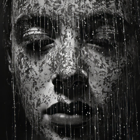 a black and white water portrait image captured by a photoresearcher. this art and design piece showcases a textured impasto technique, with hyper-realistic sci-fi elements. the image incorporates stencil and spray paint effects, creating a unique visual experience. the use of crystals adds a touch of elegance, while the detailed facial features and metallic textures enhance the overall composition. shot with a ricoh gr iiiの素材