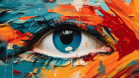 a colorful eye is beautifully portrayed on a canvas with brushstrokes. this eye, created by a specialist in object portraiture, features vibrant shades of sky-blue and orange. the high-definition image showcases the loose paint application, resulting in a captivating and eye-catching composition. the brushstrokes add depth and texture, enhancing the visual storytelling of this colorful artwork. ai generatedの素材