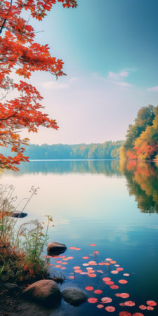a serene lake with vibrant lantana leaves in shades of red, orange, and yellow. the colors reflect beautifully on the calm waters, creating a peaceful atmosphere. the hyper-realistic style captures the warm tones and dynamic lighting, evoking a sense of tranquility. this vertical composition is ideal for phone wallpapers, showcasing the intricate details in high-resolution 16k. ai generatedの素材
