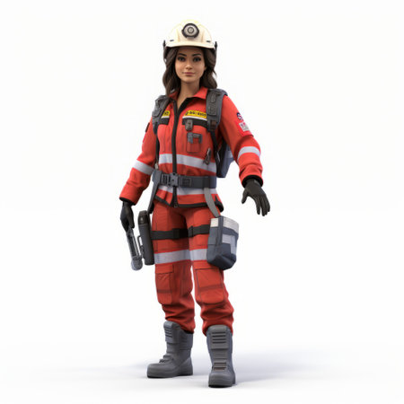 a firefighter in a vibrant red and orange 3d model is depicted in this free instant download. the image captures the essence of womancore style, reminiscent of national geographic photography. with elements of hallyu and a high-definition resolution, the picture showcases crystalline and geological forms. ai generatedの素材