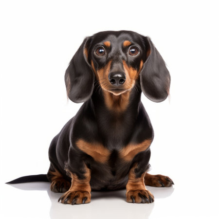 a dachshund dog, resembling the artistic style of firmin baes, is captured sitting on a clean white background. the dog's appearance showcases a combination of dark amber and black colors, with exaggerated facial features. the photograph was taken using a lensbaby composer pro ii with edge 50 optic, resulting in a smooth and polished image. the overall vibe of the photo is innocent, with aの素材