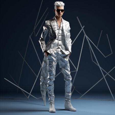 a man wearing a 3d suit and glasses is depicted in this graphic rock-inspired composition. the image features a combination of white and silver tones, with vray rendering enhancing the faceted forms. the bold and asymmetric compositions add an edgy touch to the overall aesthetic. shot on ferrania p30 film. ai generatedの素材