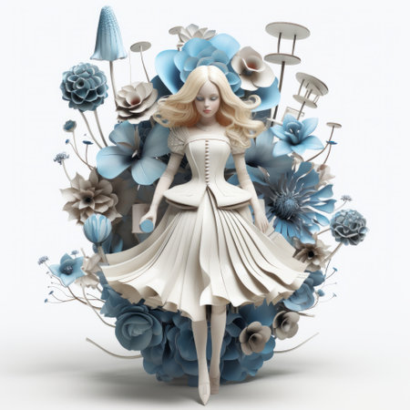 a 3d model of a doll holding flowers, showcasing a contemporary fairy tale aesthetic with layered and complex compositions. the color palette features a harmonious balance of dark white and light blue, creating a captivating contrast. made entirely of cardboard, this grandiose composition beautifully merges the elements of a metropolis with the serenity of nature. ai generatedの素材