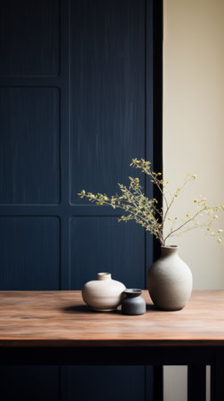 a minimalistic japanese-style door on a hemp table is captured next to a window in this photograph. the black and navy color scheme creates a sparse and simple ambiance, while the whimsical folk-inspired objects add a subtle touch. taken by an interior design photographer using a canon eos r5, the image showcases intricate details with a film grain effect, resulting in a cinemotographic feel. availableの素材