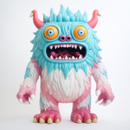 a brightly colored stuffed animal with large monster eyes, in the style of kazuki takamatsu. this high detailed toy features a combination of light blue and pink colors. inspired by the works of matt wagner and peter bagge, it showcases realistic and hyper-detailed renderings. the isolated figure stands out with its unique design. ai generatedの素材