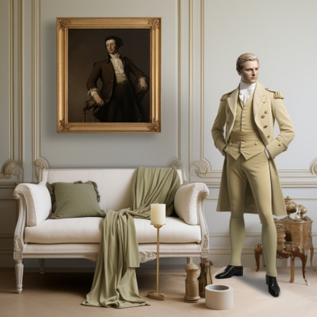 a man in a white shirt stands in front of a daz3d-style painting, showcasing luxurious fabrics and classic americana. the painting features light green and beige tones, reminiscent of the washington color school. the man's detailed costume complements the dark beige and yellow hues of the artwork. ai generatedの素材