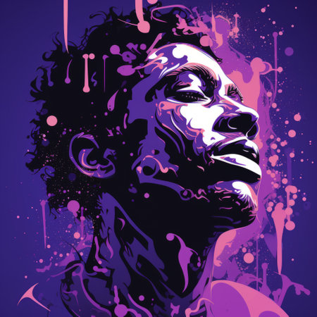 snoop dogg illustrator creates a vibrant vector image in purple. the face silhouette, digitally enhanced in photoshop, is reminiscent of a drip painting. this print-ready image, available in psd and eps file formats, showcases colorful melancholy and realistic depictions of the human form. the artwork also incorporates fluid and organic formations, drawing inspiration from afro-colombian themes. ai generatedの素材