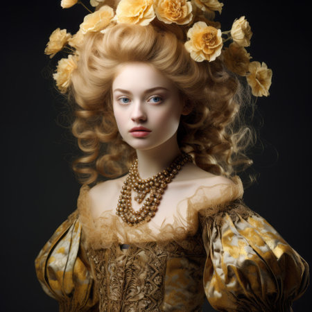 a young girl adorned with golden flowers in her hair, captured in a baroque-inspired composition. the photo showcases ornate and dramatic elements, with dark yellow hues and intricate costumes. taken by duffy sheridan, the image is presented in an avant-garde style, featuring an ivory matte finish for a unique and artistic portraiture. ai generatedの素材