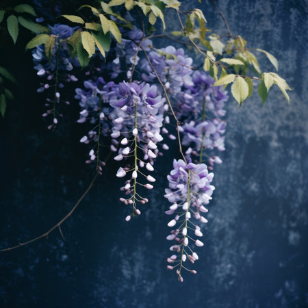 a blurry analog photograph captures the essence of a single wisteria against a dark blue wall. the image exudes an analog vibe with its film grain texture, while the soft natural evening light adds a touch of serenity. ai generatedの素材
