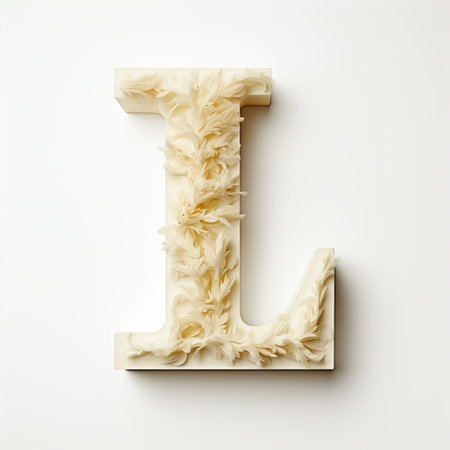 a decorative wooden letter "l" crafted from pressed flowers, showcasing fluid formations and layered translucency. this unique piece of conceptual installation art draws inspiration from baroque-inspired still lifes, exuding an ivory-like elegance. the monochromatic chaos of the rubber material adds an intriguing touch to this visually captivating creation. ai generatedの素材