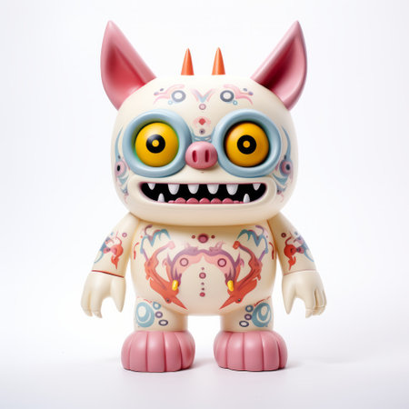 a white figurine of a cartoon cat with a funny face, inspired by tattoo and mexican folklore styles. the figurine features a light yellow and dark pink color scheme, reminiscent of the artistic styles of james jean and todd mcfarlane. with a touch of grimcore influence, this low-resolution figurine is a unique and eye-catching collectible. ai generatedの素材