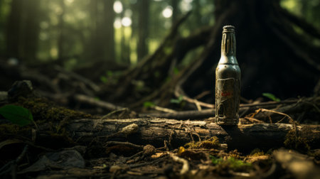 metal bottle in forest, tilt-shift style photography by jakub rebelka. uhd image captured by matthias haker using unreal engine 5. lowbrow aesthetic with a captivating backlight effect. ai generatedの素材