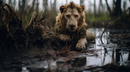 a lion, captured in a post-apocalyptic setting, is seen resting with its head held high in water. this raw and vulnerable moment is beautifully portrayed through the lens of a canon eos 5d mark iv camera, resulting in a mesmerizing uhd image. the composition exudes a sense of southern gothic aesthetics, with a touch of messy yet captivating elements. ai generatedの素材