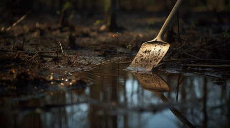 a wooden shovel is submerged in water, surrounded by a swamp, trees, and mud. this backlit photograph, captured in the style of tamron sp 70-200mm f/2.8 di vc usd g2, showcases the essence of everyday life. the image, taken with provia, beautifully portrays the polished metamorphosis of the surroundings. it's no wonder this captivating photo emerged as a contest winner, reflecting the unique genre ofの素材