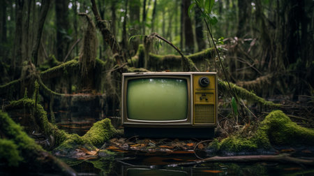 a ten-year-old tv rests amidst the lush rainforest, showcasing a kitsch aesthetic with its dark yellow and dark green hues. this southern gothic-inspired piece merges pop-culture-infused elements, defying traditional genres. nature serves as the inspiration for this captivating artwork, available under a creative commons attribution license. ai generatedの素材