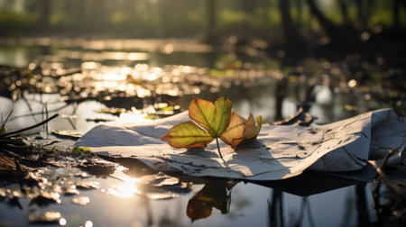 autumn leaf resting on water-soaked paper captured by alec osborne of sage sage photography. this mesmerizing image, shot with a tokina at-x 11-16mm f/2.8 pro dx ii lens, showcases a stunning anamorphic lens flare effect. the dutch landscapes serve as a spectacular backdrop, creating a romantic riverscape with hues of light yellow and orange. experience the beauty of this uhd image. ai generatedの素材