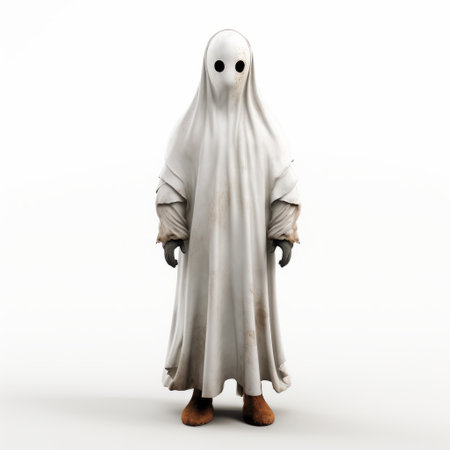 a white ghost, depicted as a 3d model art in stock photo 28453545, showcases a low-resolution style with a stylish costume design in light gray and brown. this haunting figure evokes a sense of horror film aesthetics, as it appears erased and obscured. the ghost's presence is reminiscent of the mcdonaldpunk genre, adding a unique twist to life-size figures. ai generatedの素材
