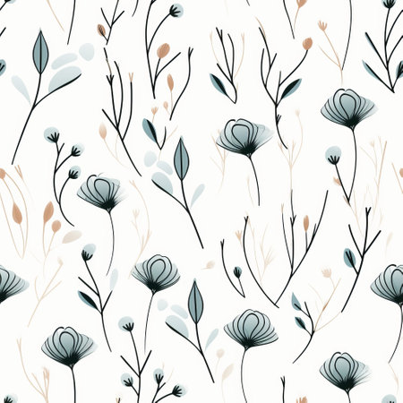 seamless floral pattern featuring flowers and leaves in a whimsical nature. the pattern is created with subtle yet expressive brushwork, in the style of light teal and light black. the design also incorporates minimalist line work in light gray and brown, set against a white background. the overall effect is a charming and visually appealing composition. ai generatedの素材