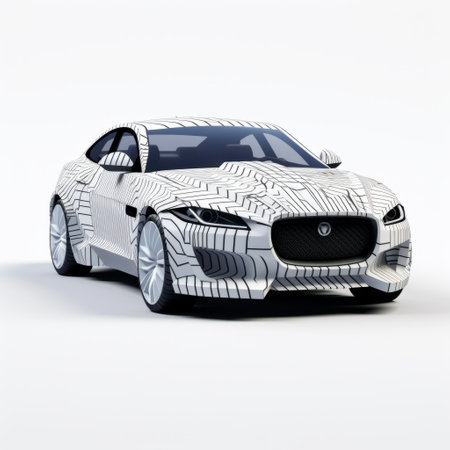 white 3d render illustration of a 2018 jaguar xe, featuring organic forms blending with geometric shapes in the style of julie mehretu. the image showcases a thermal camera, striated resin veins, and draws inspiration from tienne maurice falconet. the composition is stark and incorporates the use of fabric. ai generatedの素材