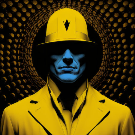 the inspector comic book cover showcases a man donning a vibrant yellow outfit, reminiscent of precisionist art. with a touch of moody neo-noir aesthetics, this captivating artwork, created using cinema4d, exudes a fusion of nuclear art and wealthy portraiture. a must-have for fans of dc comics. ai generatedの素材