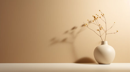 a vase with a brown shadow on a white wall, showcasing a muted colorscape mastery. this uhd image captures the minimalist background and delicate flowers in yellow and beige. the use of vray tracing highlights the ephemeral materials used in this artistic composition. ai generatedの素材