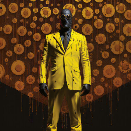 a man in a yellow suit stands out against a futuristic cyberpunk backdrop, holding an umbrella and wearing gloves. this hyper-realistic portrait captures the essence of dc comics with its neon installations. the monochromatic style adds depth and intensity, reminiscent of the art of the congo. ai generatedの素材