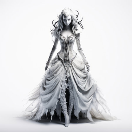 a realistic 3d character dressed in white, showcasing a fantasy style reminiscent of stark black and white photography. the character design, inspired by queencore and the works of anna dittmann, features translucent layers and a high-quality photo capturing the intricate details. ai generatedの素材