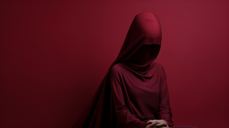 a person wearing a red dress is holding a veil while assuming a kneeling posture. the photo exudes an ominous vibe with intense color saturation, particularly in dark maroon. the style of the image reflects the artistic influence of aminollah rezaei, known for his subdued minimalism. the person appears slumped and draped, reminiscent of the work of the art duo etam cru. ai generatedの素材