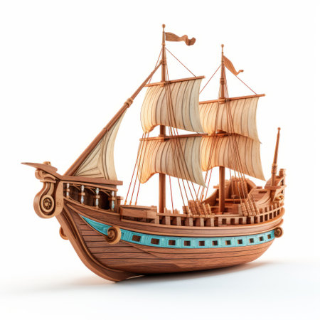 an old ship, resembling a three-dimensional puzzle in the shape of an old boat, is depicted in this photo. the ship is adorned with light cyan and brown colors, showcasing a blend of precious and common materials. the intricate carving details give it a cartoony appearance. ai generatedの素材