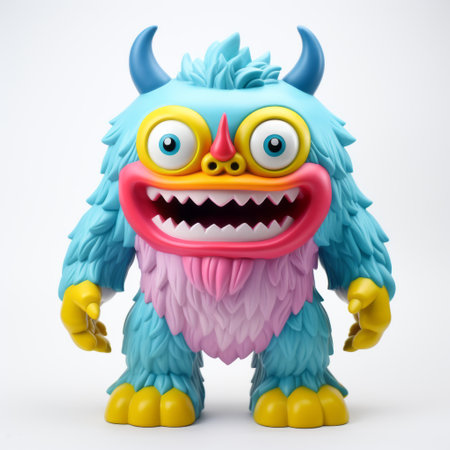 an original monster toy with horns and claws, featuring a colorful caricature style. the toy is depicted with ambient occlusion, showcasing light magenta and light blue hues. the realistic detailing adds depth to the design, while the intense movement expression captures attention. this vibrant image can be found on flickr, showcasing bold primary colors. ai generatedの素材