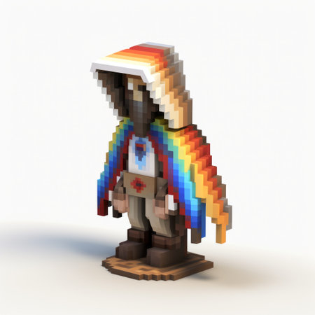 a minecoin character, inspired by felipe pantone's style, is depicted with its arms and legs in two different positions. the image showcases an idealized representation of native americans, reminiscent of dutch and flemish color photography pioneers. with a wandering eye and highly detailed features, the photo captures the character's essence in low depth of field. ai generatedの素材