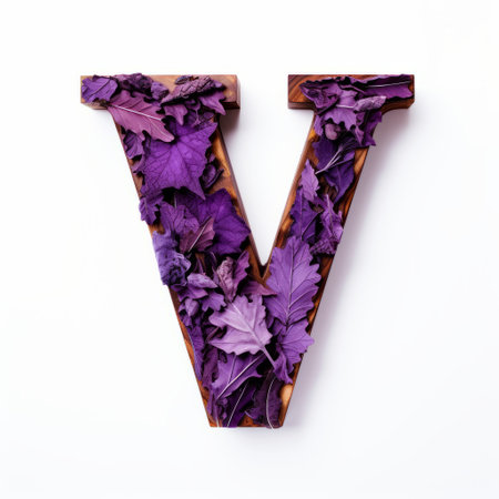 the letter v is created using vibrant purple leaves, arranged on a clean white background. this unique artwork combines elements of found object installations, colorful woodcarvings, macro photography, vanitas paintings, and organic sculptures. inspired by confucian ideology, this visually striking image captures the essence of creativity and nature. a captivating piece reminiscent of an associated press photo. ai generatedの素材