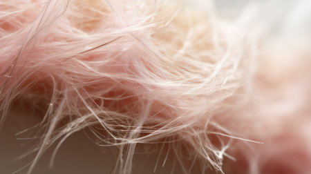 pink and fluffy feathers, reminiscent of deconstructed pop, create a captivating close-up. these feathers form tangled nests, showcasing a mix of white and beige hues. soft-focus portraits capture their delicate beauty, while an overexposure effect adds a touch of intrigue. this algeapunk-inspired image is full of blink-and-you-miss-it details that will leave you mesmerized. ai generatedの素材
