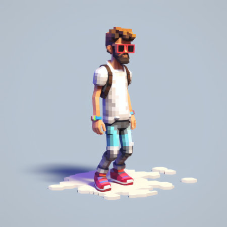 a pixel boy wearing sunglasses sits on a rock in this hyper-detailed rendering. the design is saturated and extruded, showcasing elements of kidcore and realistic human figures. the style is reminiscent of the spanish school and urban industrialism. ai generatedの素材