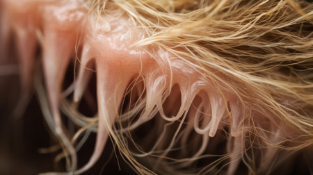 a close-up photo of a crocodile's nose showcasing its intricate hairs. the image is inspired by the artistic styles of rachel maclean and anne geddes, featuring wavy resin sheets in the background. the low depth of field highlights spiky mounds, while the color palette consists of light pink and beige tones. the composition exudes a loose and fluid aesthetic. ai generatedの素材