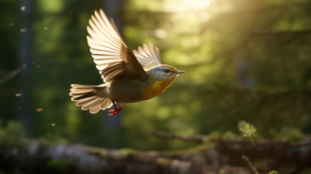 a flying bird with wings spread gracefully soars through the open skies of a norwegian forest. the vibrant and high-energy imagery captures the bird's flight in a style that combines light beige and yellow tones. this macro photograph, rendered in maya by peter mitchev, showcases the beauty of nature and the artistry of photography. ai generatedの素材
