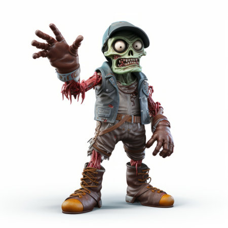 the zombie character, created in the style of daz3d, is depicted holding a gun. with a combination of robotics kids, leatherhide, and quirky expressions, this figuratively textured image showcases a unique blend of light navy and light green tones. this associated press photo captures the eerie essence of the zombie character in a visually striking manner. ai generatedの素材