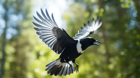 a black and white bird takes flight from the ground, showcasing the artistic style of dark emerald and light black. with a sensitivity to the natural world, the bird's plumage displays hints of light purple and light black, reminiscent of the pont-aven school. this image evokes ethical concerns and reflects a whistlerian influence, capturing the bird's exacting precision. ai generatedの素材