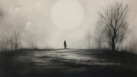 a wandering figure emerges from the mist in this dark and moody pencil drawing. the intricate details and textured paper add depth to the mysterious atmosphere of the night. ai generatedの素材