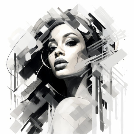 a digital art style illustration featuring a dramatic black and white portrait of a beautiful woman. the graphic design showcases jumbled geometric compositions with soft-focused realism and realistic watercolors. this high-resolution 32k uhd artwork incorporates transparent layers for added depth and visual appeal. ai generatedの素材