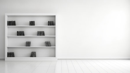 white bookshelf with neatly arranged books on the shelves in a room. this monochromatic realism style photo captures the essence of simplicity and minimalism. the empty space around the bookshelf adds to the overall aesthetic. rendered using octane render, this creative commons attribution image appeals to abstract minimalism appreciators. perfect for those who love cabincore and appreciate matte photography. ai generatedの素材