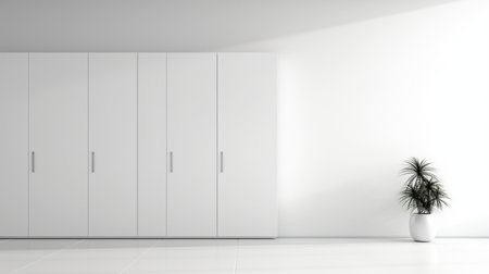 white dressers and shelves fill the room, showcasing a conceptual minimalism style. the confessional atmosphere is enhanced by the back button focus technique used in capturing this photograph. the abstract minimalism appreciator will find delight in the composition, while the use of octane render adds a touch of sophistication. the matte finish of the photo completes the overall aesthetic. ai generatedの素材
