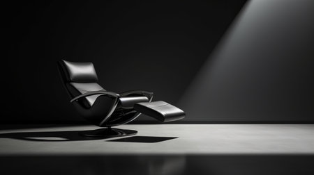 a modern black wooden lounge chair is showcased in this photo, with a captivating light shining in the background. the chair's design draws inspiration from the precisionist lines of zbrush, while its metallic rotation and minimalist imagery reflect the aesthetics of the leica r8 camera. the chair's functional and machine-inspired aesthetics make it a stylish addition to any contemporary space. ai generatedの素材