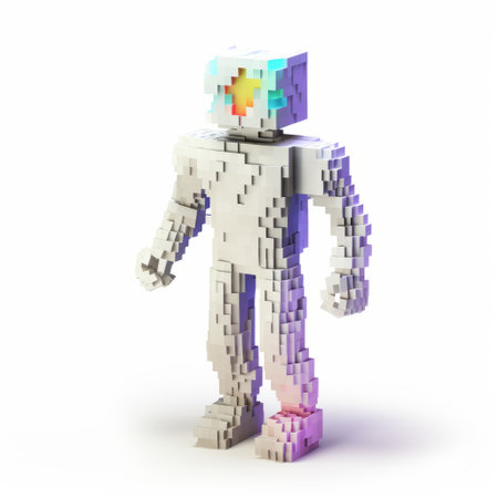 the minecraft minifigure is depicted in a surrealistic style with vibrant blue lights. this voxel art creation showcases a fusion of futuristic robots and the human form. the use of light gray and magenta adds depth and contrast to the composition. the focus on joints and connections, along with ambient occlusion, enhances the overall visual appeal. ai generatedの素材