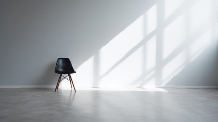 a white concrete floor and chair are captured in this photo, showcasing the minimalist palette and sharpness of the canon ts-e 17mm f4l tilt-shift lens. the light reflects beautifully on the white floor, while sunrays add a touch of elegance. the dark gray and black elements create a contrast, enhancing the minimalist purity of the composition. this 32k uhd image is a stunning display ofの素材