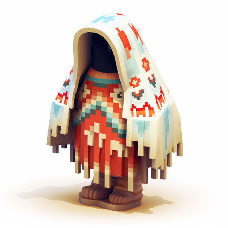 a pixel art creature wearing a vibrant linoblock headdress, inspired by traditional mexican style and rendered in the voxel art technique. this unique creation, reminiscent of the works by atey ghailan, showcases a colorful costume against a light white and light red background. perfect for those who appreciate intricate details and artistic diversity. ai generatedの素材